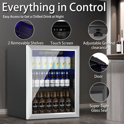 Compact 76 Can/1.7 Cubic Foot Beverage Fridge With Glass Door For Soda, Beer Or Wine, Under Counter Drinks Dispenser