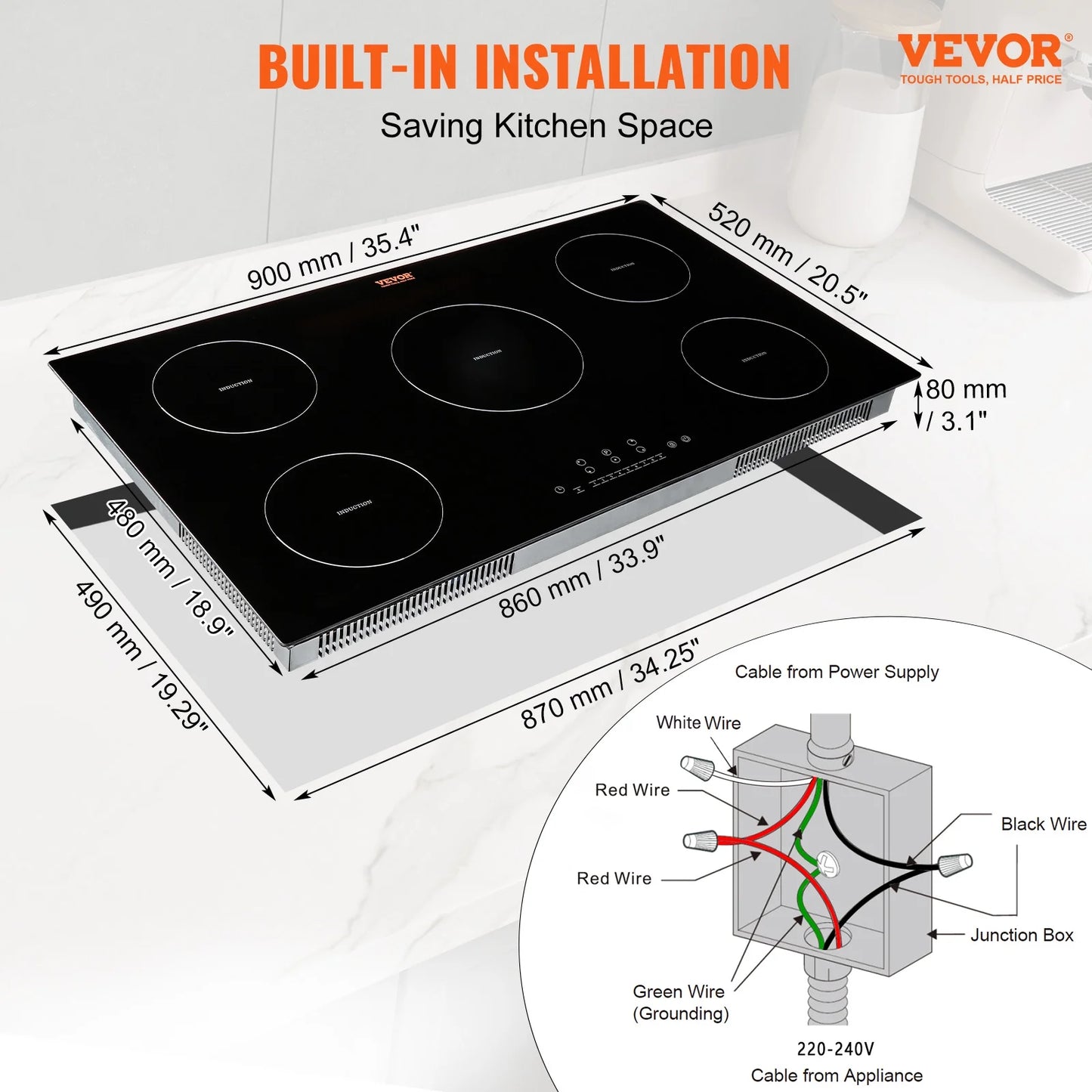 KFFKFF 36in Electric Cooktop, 5 Burners Ceramic Glass Stove Top Touch Control 9200W, 9 Heating Level Multifunctional Burner