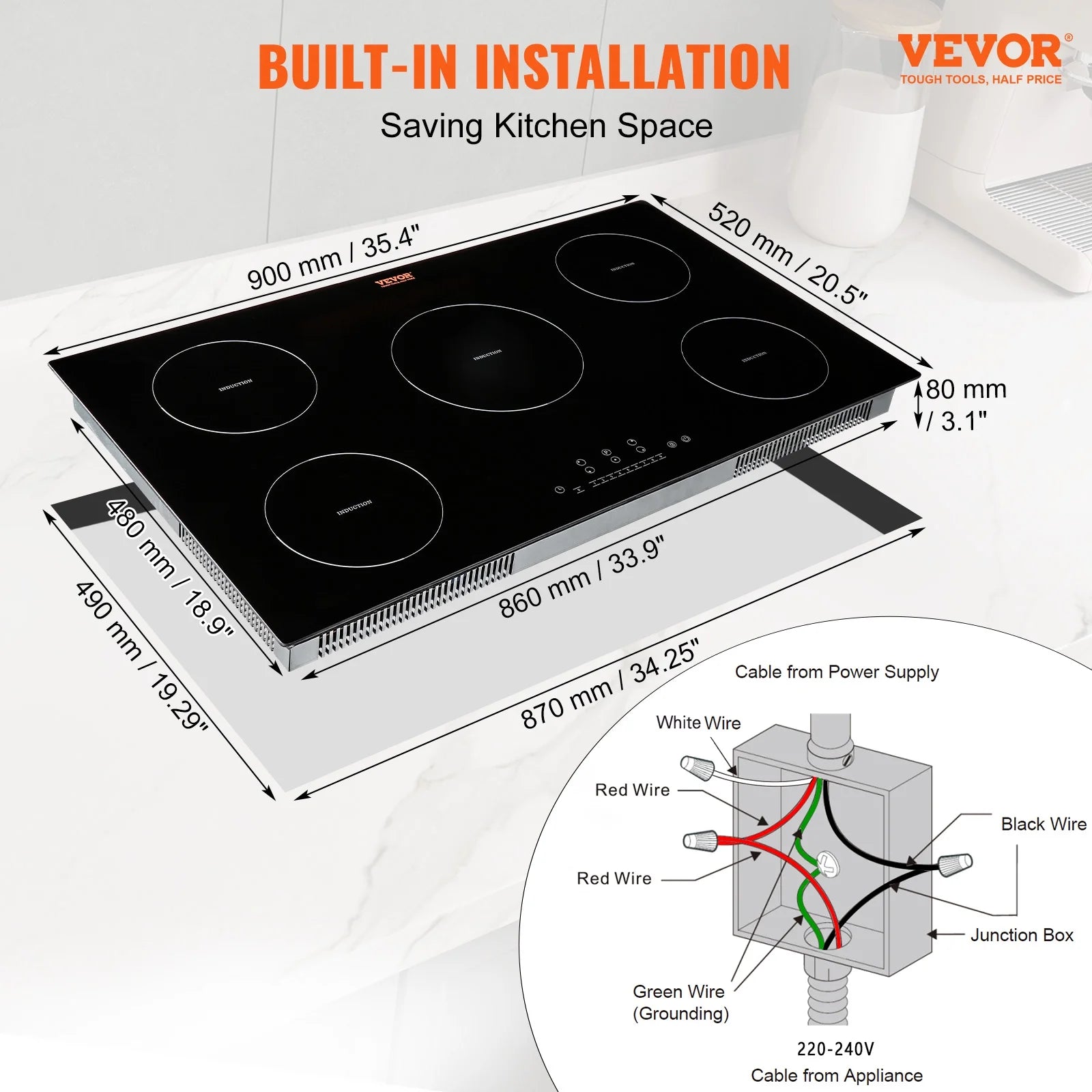 KFFKFF 36in Electric Cooktop, 5 Burners Ceramic Glass Stove Top Touch Control 9200W, 9 Heating Level Multifunctional Burner