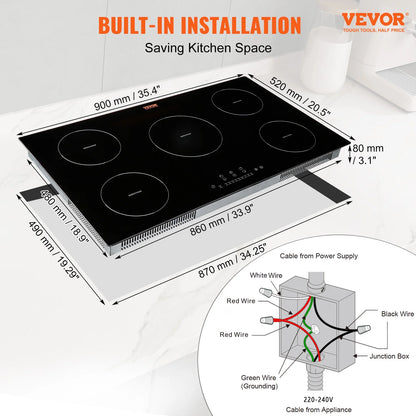 KFFKFF 36in Electric Cooktop, 5 Burners Ceramic Glass Stove Top Touch Control 9200W, 9 Heating Level Multifunctional Burner