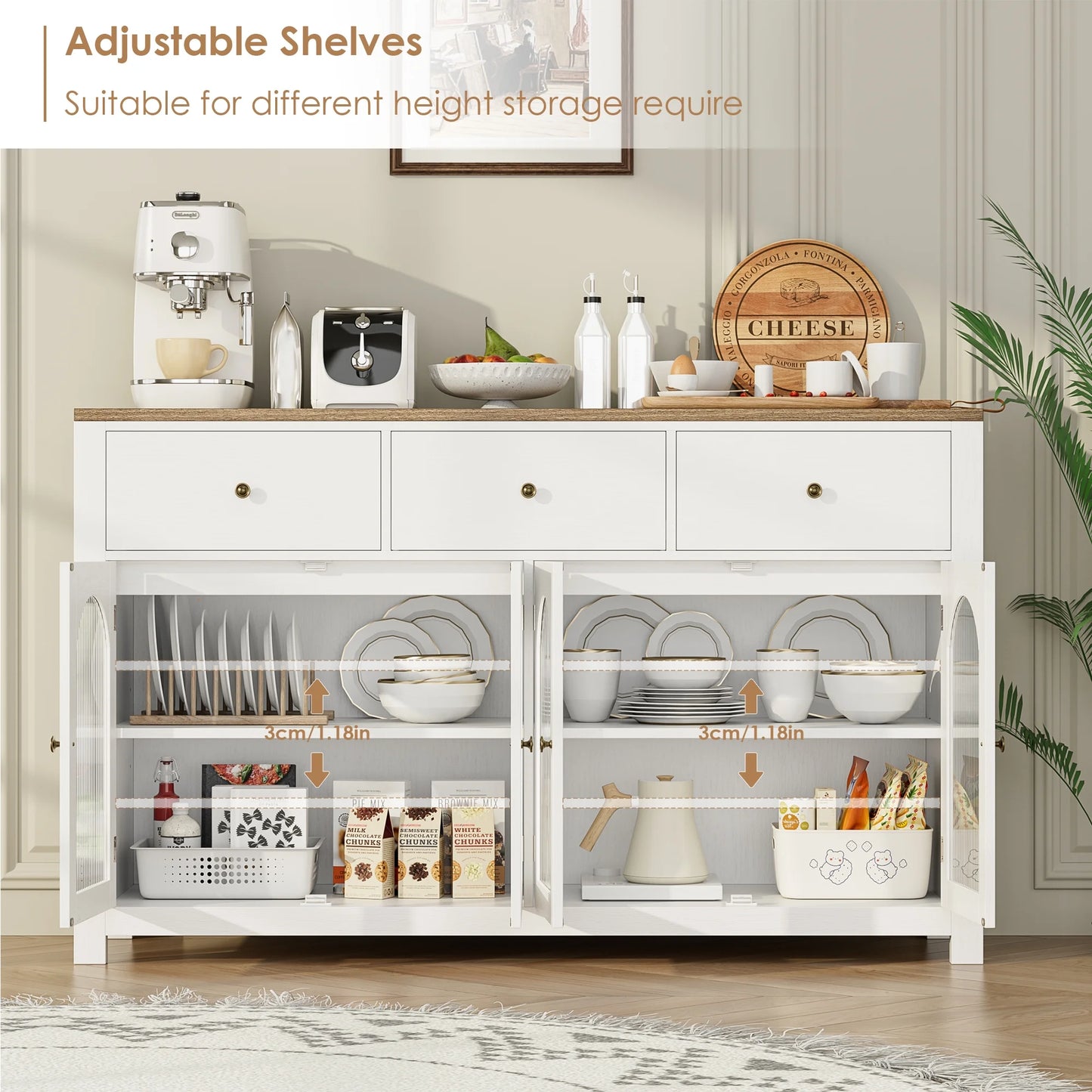 Homfa 55'' Large Sideboard Buffet Cabinet, Kitchen Storage Cabinet with 3 Drawers and 4 Glass Doors, Wood Coffee Bar Cabinet for Living Room, White
