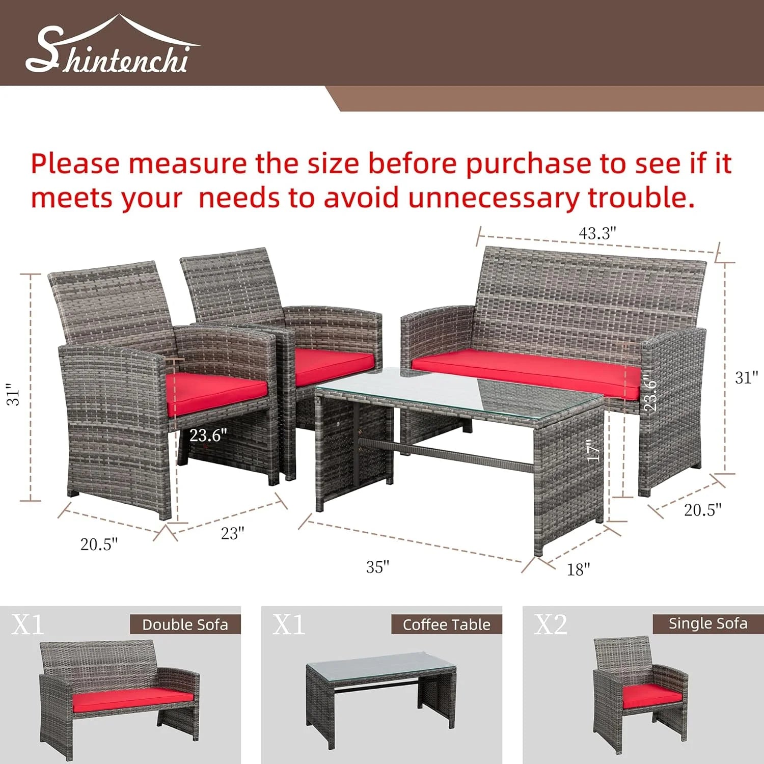 4-Piece Outdoor Gray Wicker Patio Conversation Furniture Set, Rattan Patio Furniture Set with Weather Resistant Cushions and Tempered Glass Tabletop,Red