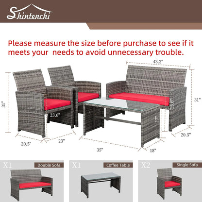 4-Piece Outdoor Gray Wicker Patio Conversation Furniture Set, Rattan Patio Furniture Set with Weather Resistant Cushions and Tempered Glass Tabletop,Red