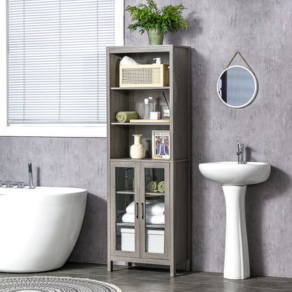 kleankin Tall Bathroom Storage Cabinet with 3 Tier Shelf, Glass Door Cabinet, Freestanding Linen Tower with Adjustable Shelves, Antique White