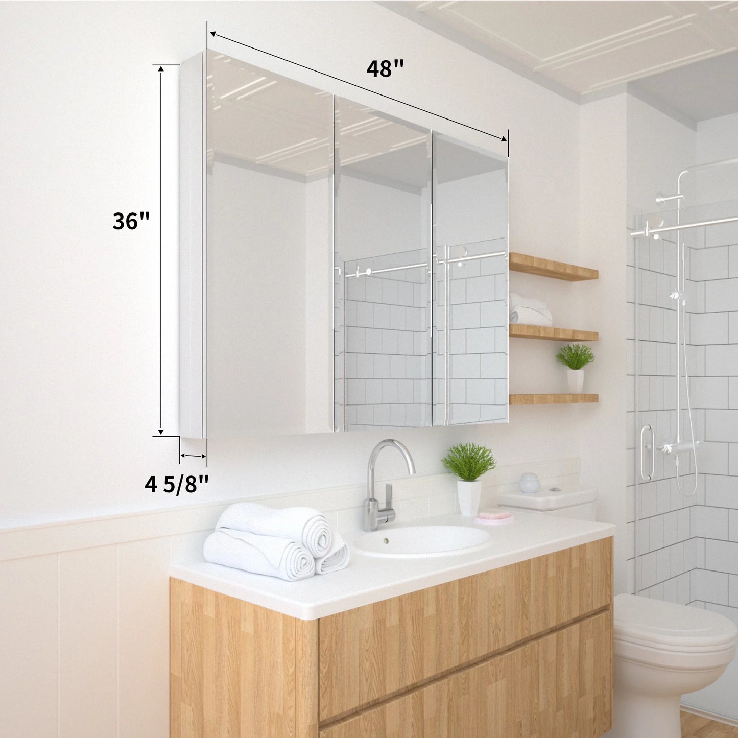Taimei 48" W x 36" H x 4°?D Aluminum Medicine Cabinet with Three(3) Frameless Beveled Mirror Doors, Interior Mirrors,Color Satin, Adjustable 3 Glass Shelves, Soft Closure. By: FOCA US