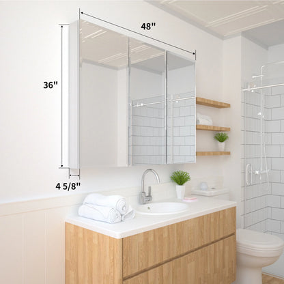 Taimei 48" W x 36" H x 4°?D Aluminum Medicine Cabinet with Three(3) Frameless Beveled Mirror Doors, Interior Mirrors,Color Satin, Adjustable 3 Glass Shelves, Soft Closure. By: FOCA US