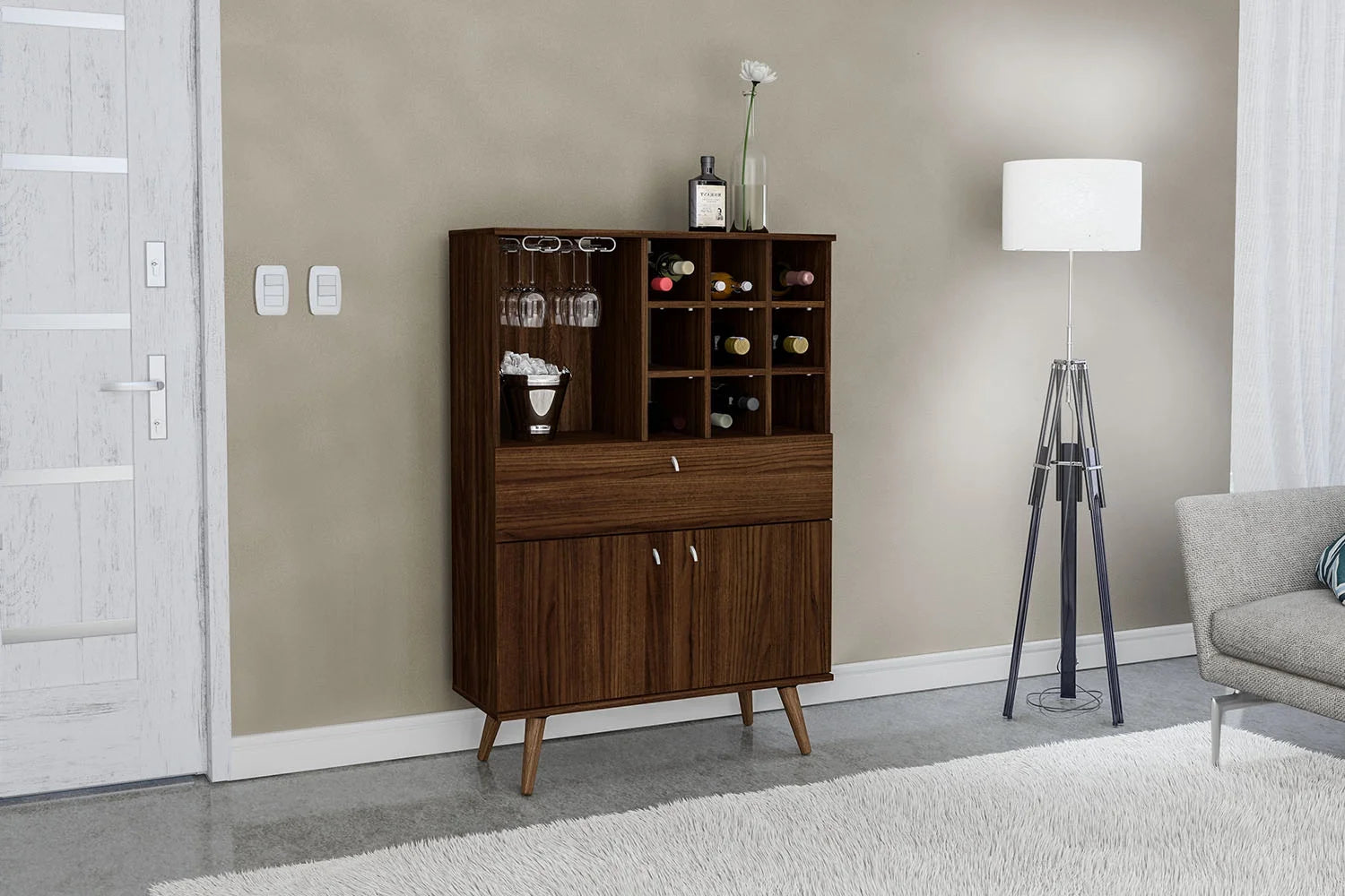Polifurniture Salamanca Modern Bar Cabinet with Wine Rack and Glass Holder, Walnut