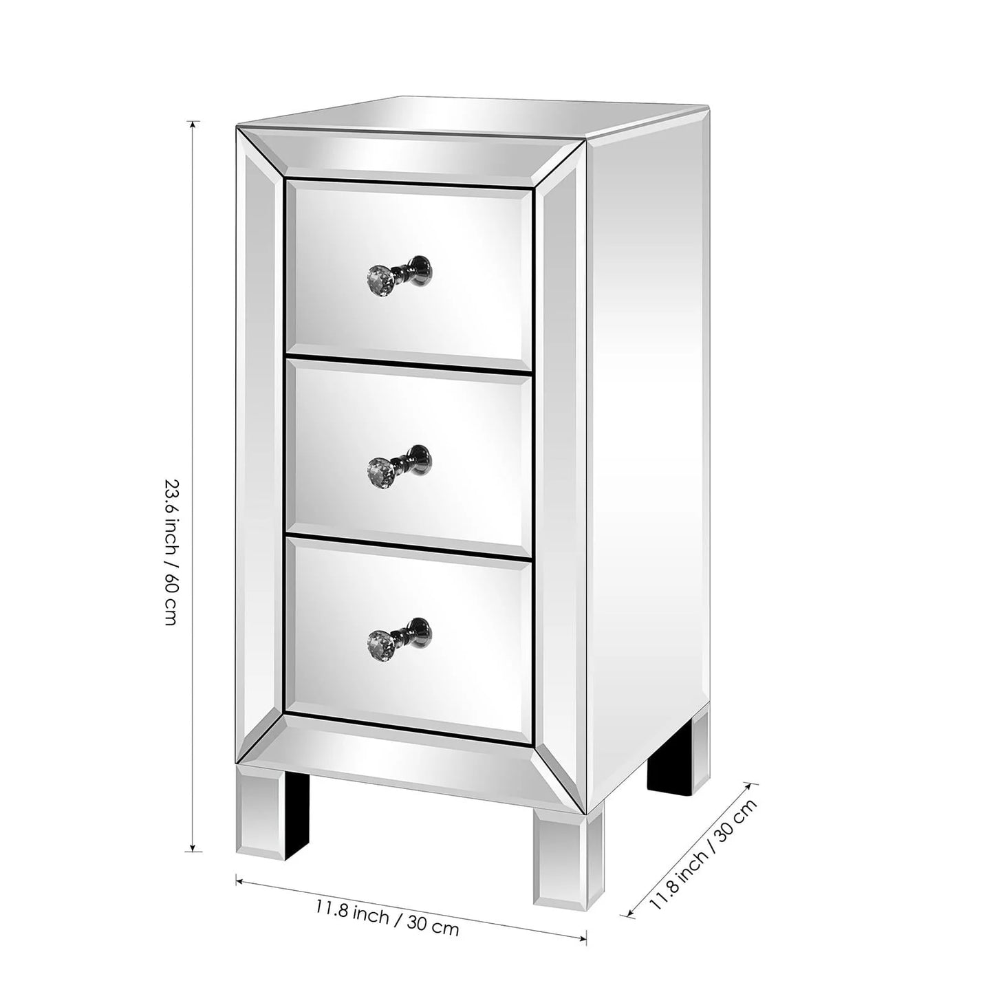 Zimtown Mirrored Glass 3-Drawers Nightstand Bedside Table Storage Bedroom