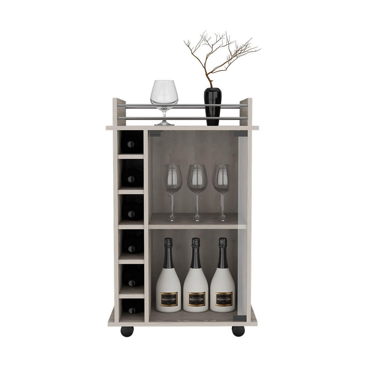 32" H carbon espresso bar-coffee cart, Kitchen or living room cabinet storage with with 4 wheels, with 6 bottle racks, a central shelf covered by 1 glass door, 1 support surface with aluminum front.