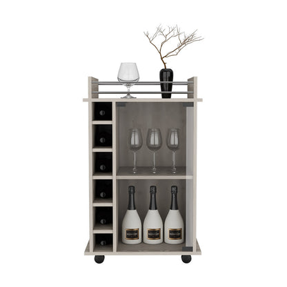 32" H carbon espresso bar-coffee cart, Kitchen or living room cabinet storage with with 4 wheels, with 6 bottle racks, a central shelf covered by 1 glass door, 1 support surface with aluminum front.