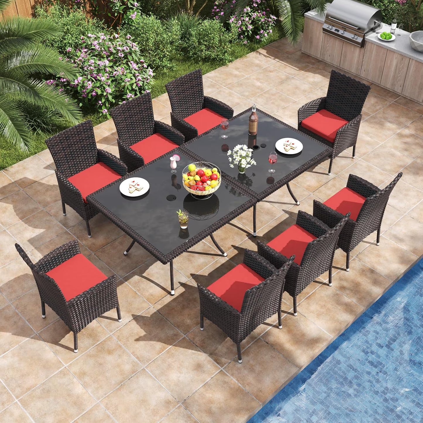 ALAULM 5 Pieces Patio Dining Set Outdoor Rattan Furniture with Square Glass Tabletop 4 Chairs with Cushions for Patio, Backyard Outdoor Kitchen Lawn & Garden Blue