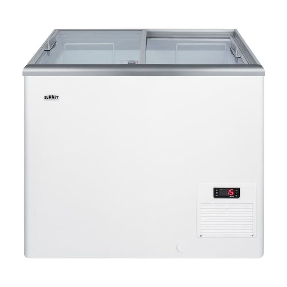 Flat top commercial ice cream freezer with sliding glass lid, digital thermostat, and novelty baskets
