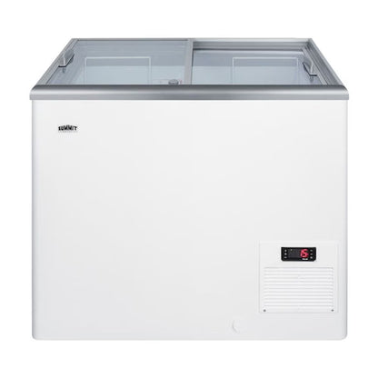 Flat top commercial ice cream freezer with sliding glass lid, digital thermostat, and novelty baskets
