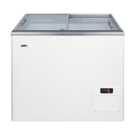 Flat top commercial ice cream freezer with sliding glass lid, digital thermostat, and novelty baskets