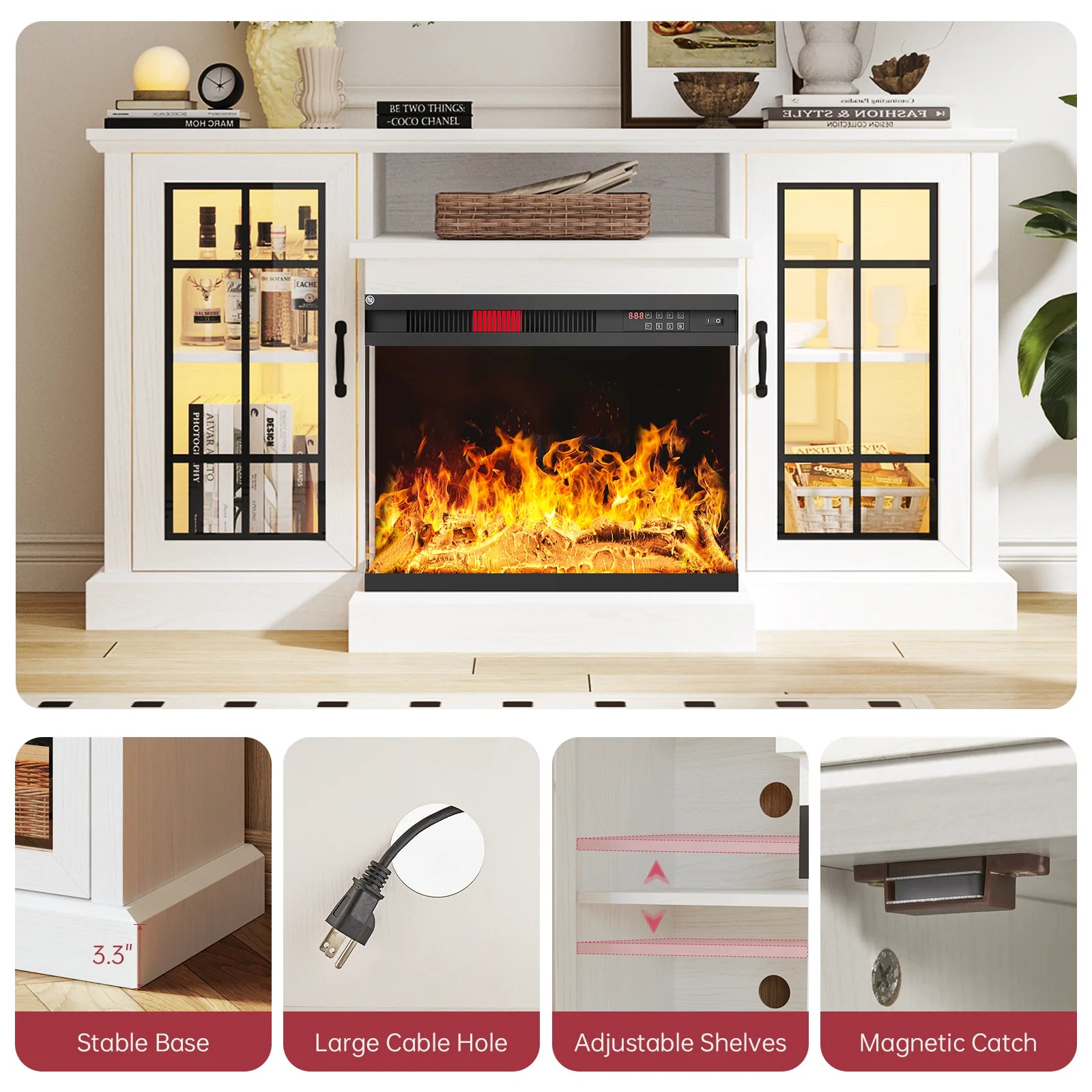 Easoger 59'' Fireplace TV Stand for TVs up to 65", 12 Flame Colors&12 LED Light Colors, TV Console with 3-Sided Glass Fireplace, for Living Room, White
