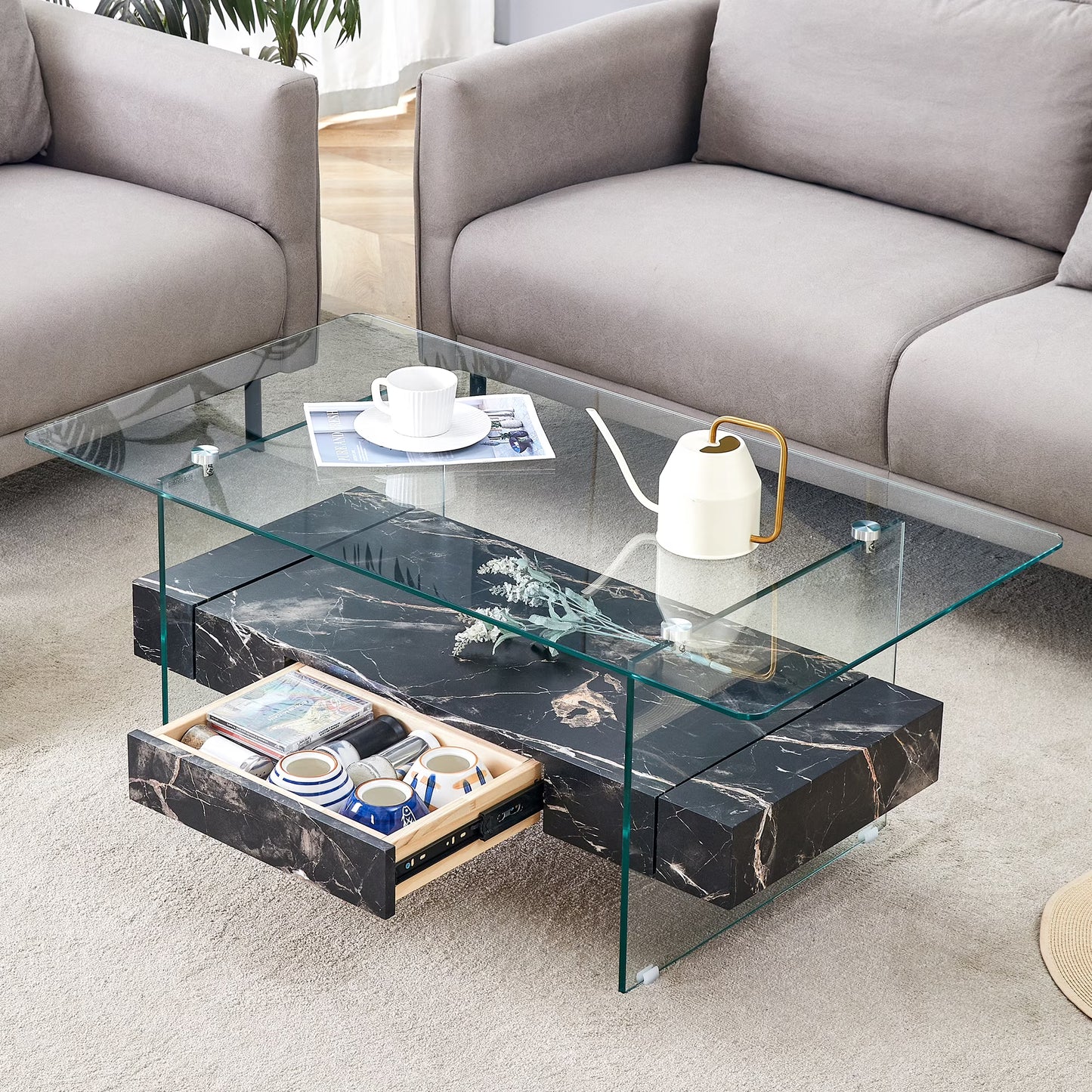 Coffee Tables Contemporary Minimalist Double Layer Tempered Glass Coffee Table - 27.5" Top and 23.6" Bottom.Reinforced Glass Tabletop,Stainless Steel Silver Plated Legs.,End Tables