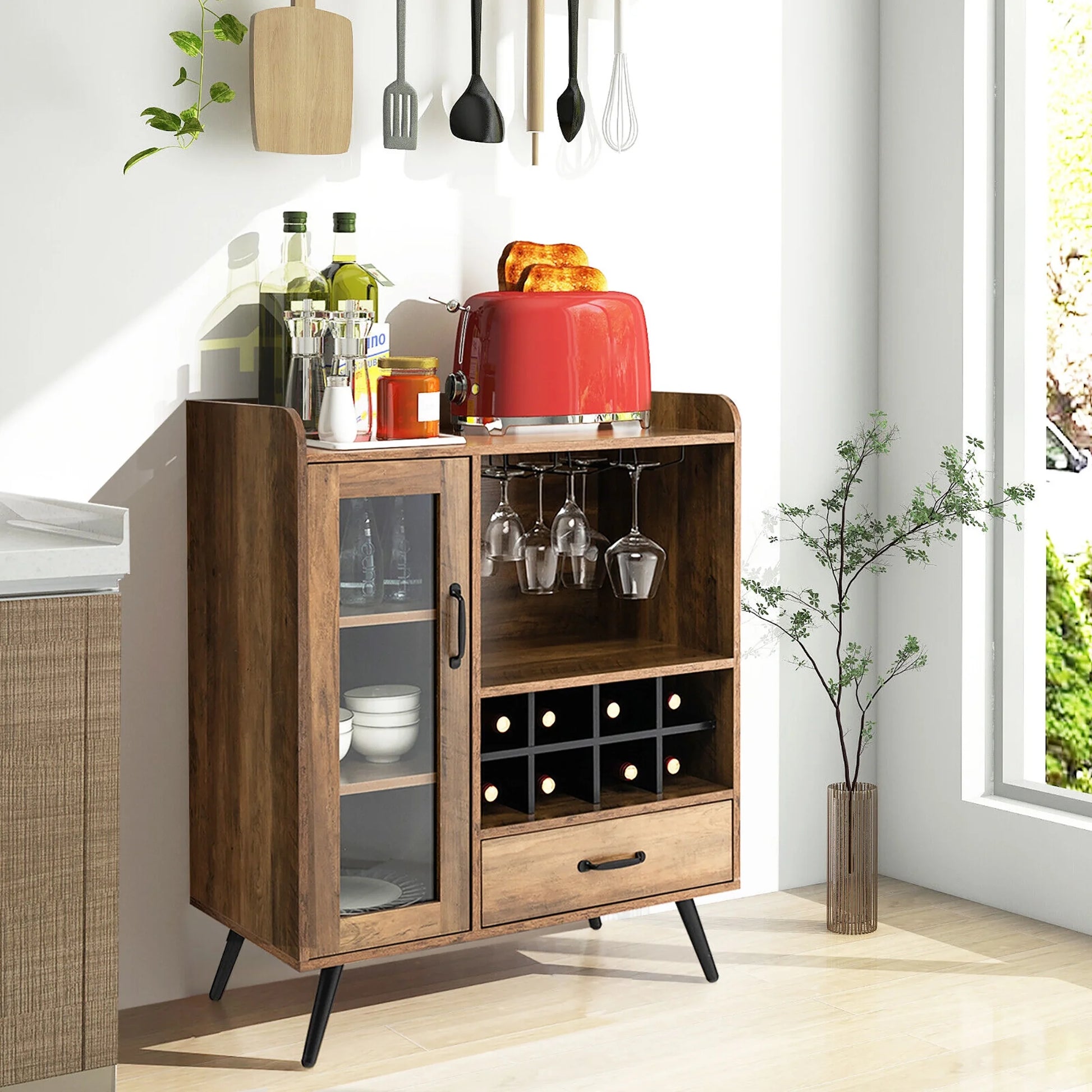 Gymax Liquor Bar Cabinet Storage Buffet Sideboard Credenza w/Wine Rack & Glass Holder