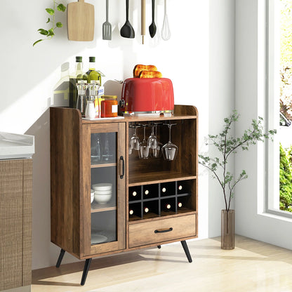 Gymax Liquor Bar Cabinet Storage Buffet Sideboard Credenza w/Wine Rack & Glass Holder