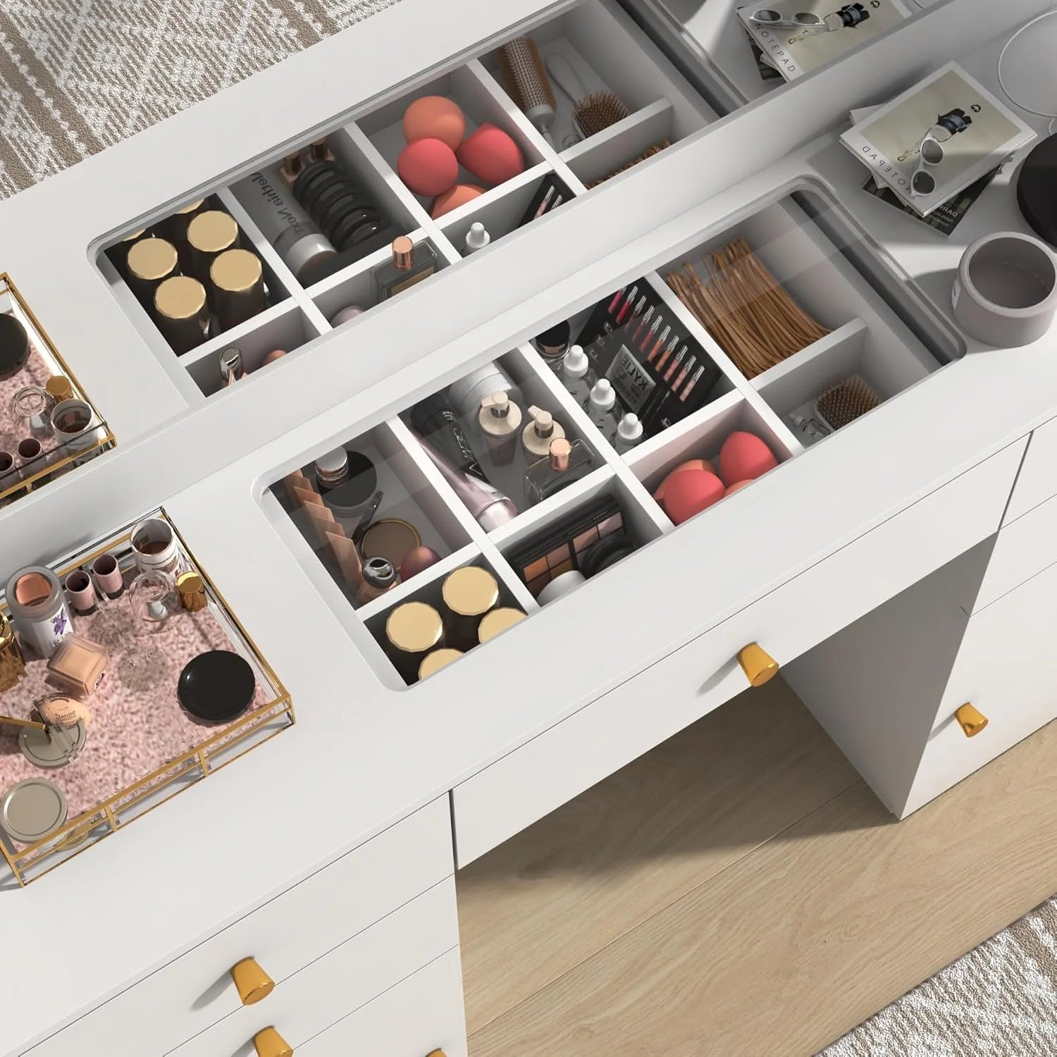 White Vanity Desk with Large Lighted Mirror & Power Outlet, Makeup Vanity Table with Glass Top & Drawers, Sliding Storage, 44.1" Large Makeup Vanity Table for Women Girls, White