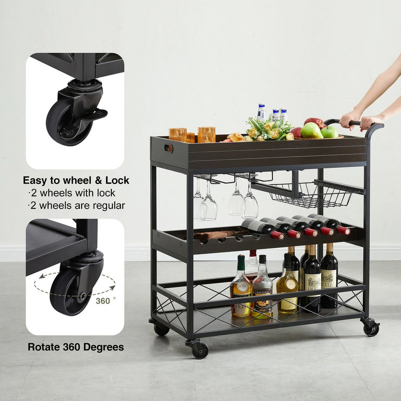 Utopia Alley KF03BZ 3 Tier Kitchen Island Cart on Lockable Wheels with Wine Rack, Glass Holder & Handle for Home