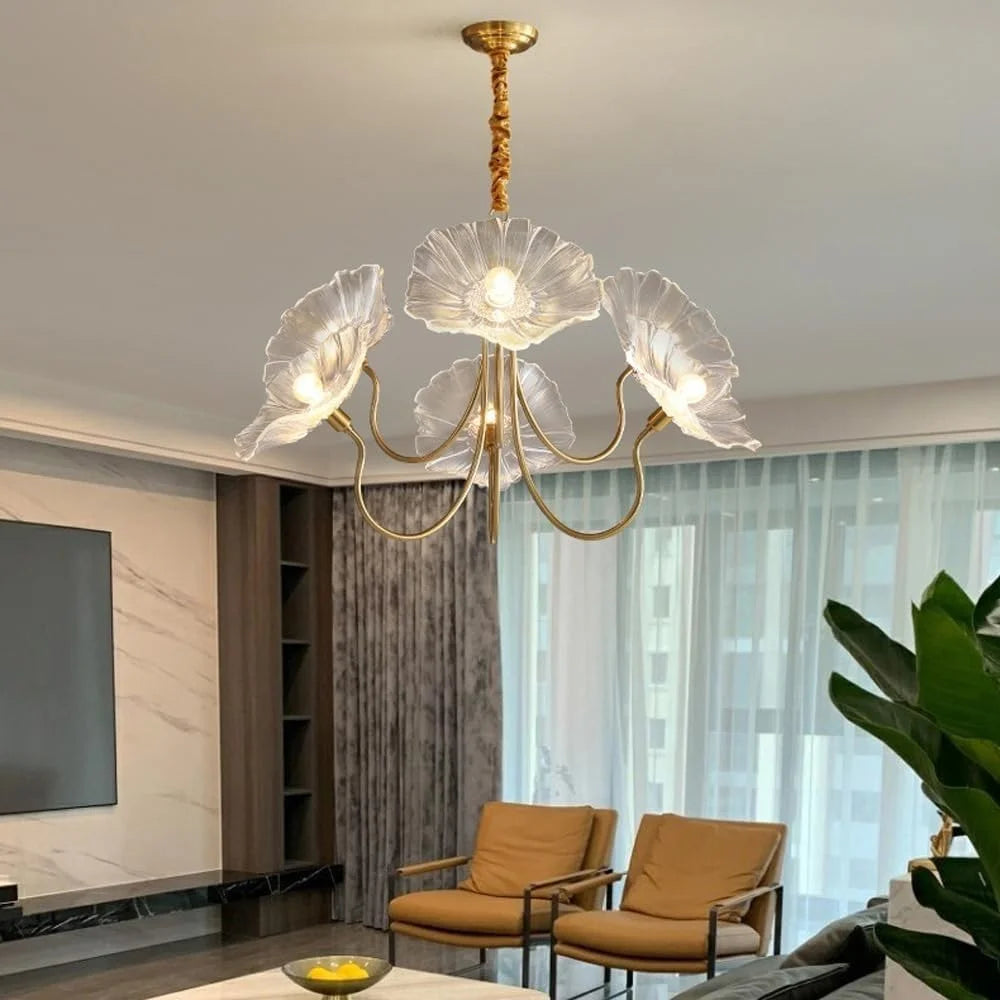 Lotus Leaf Glass Pendant Lights Fixtures Hanging Lamp,French Classic floral pendant Lighting Modern Nordic Chandeliers with 6-Lights,for Living Room Dining Room Bedroom