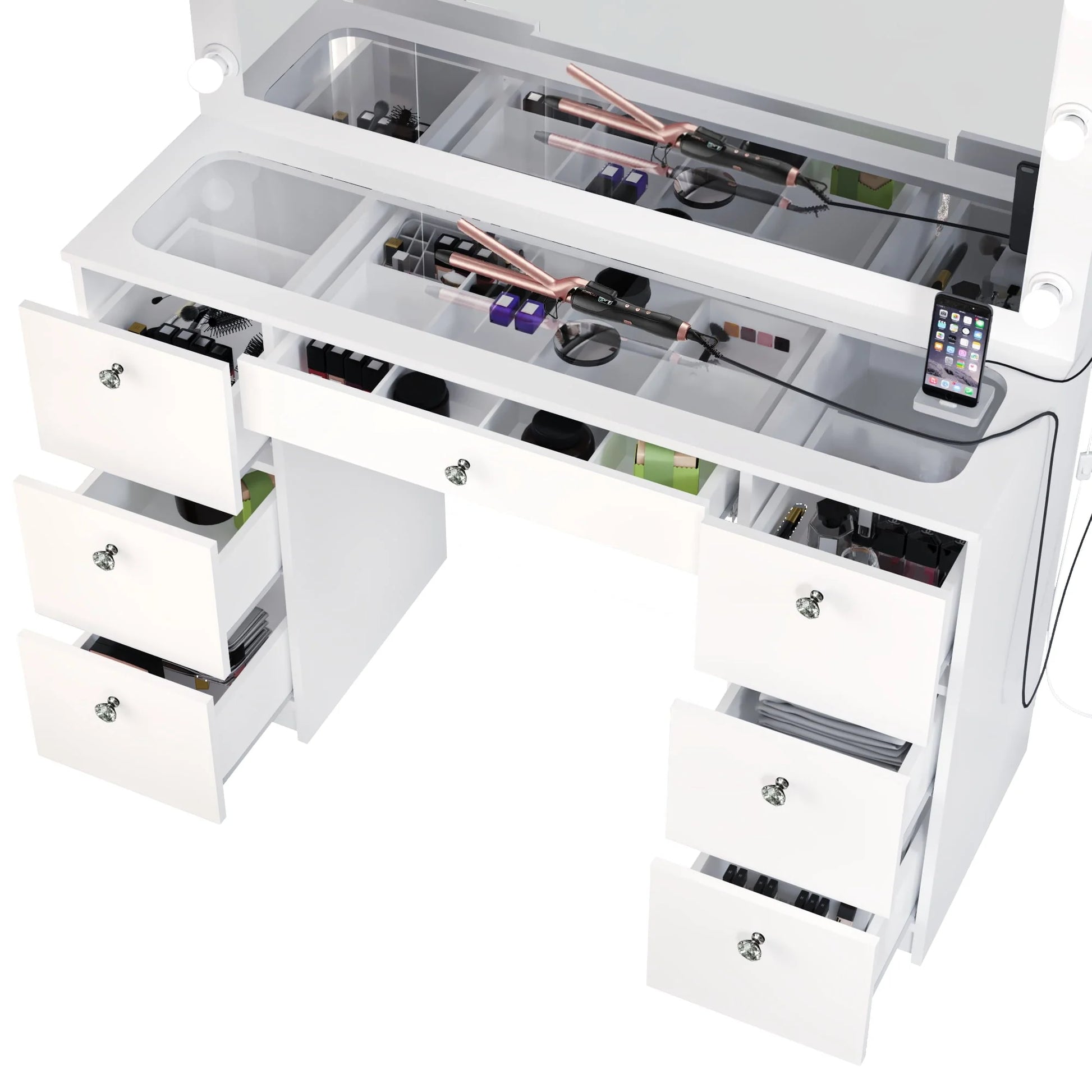 Ibbie Modern Vanity Table 7 Drawers Lights Mirror Crystal Knobs Glass Top White Painted for Bedroom