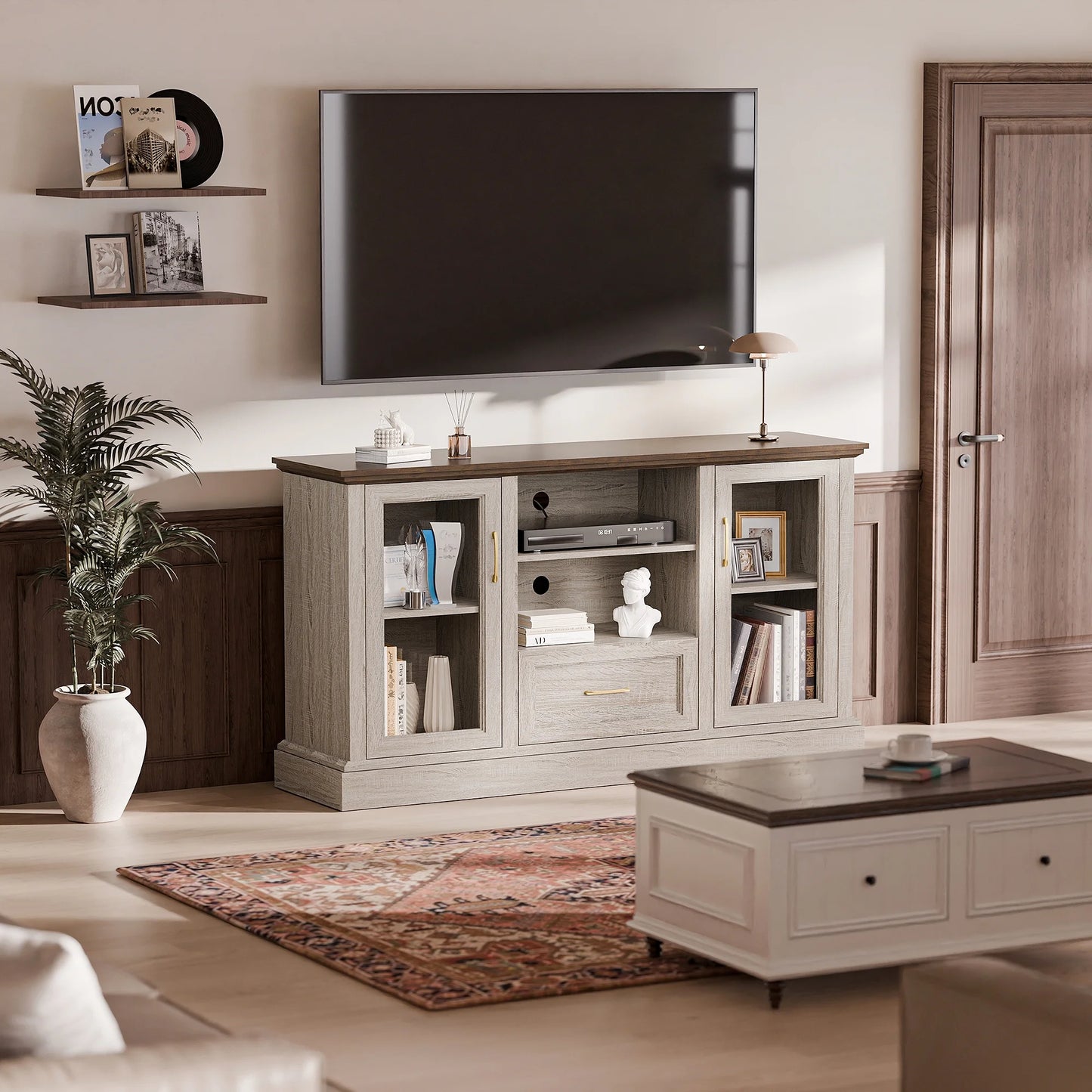 GETYES Farmhouse TV Stand for 70" TV, Wood Entertainment Center with Glass Doors and Adjustable Shelves