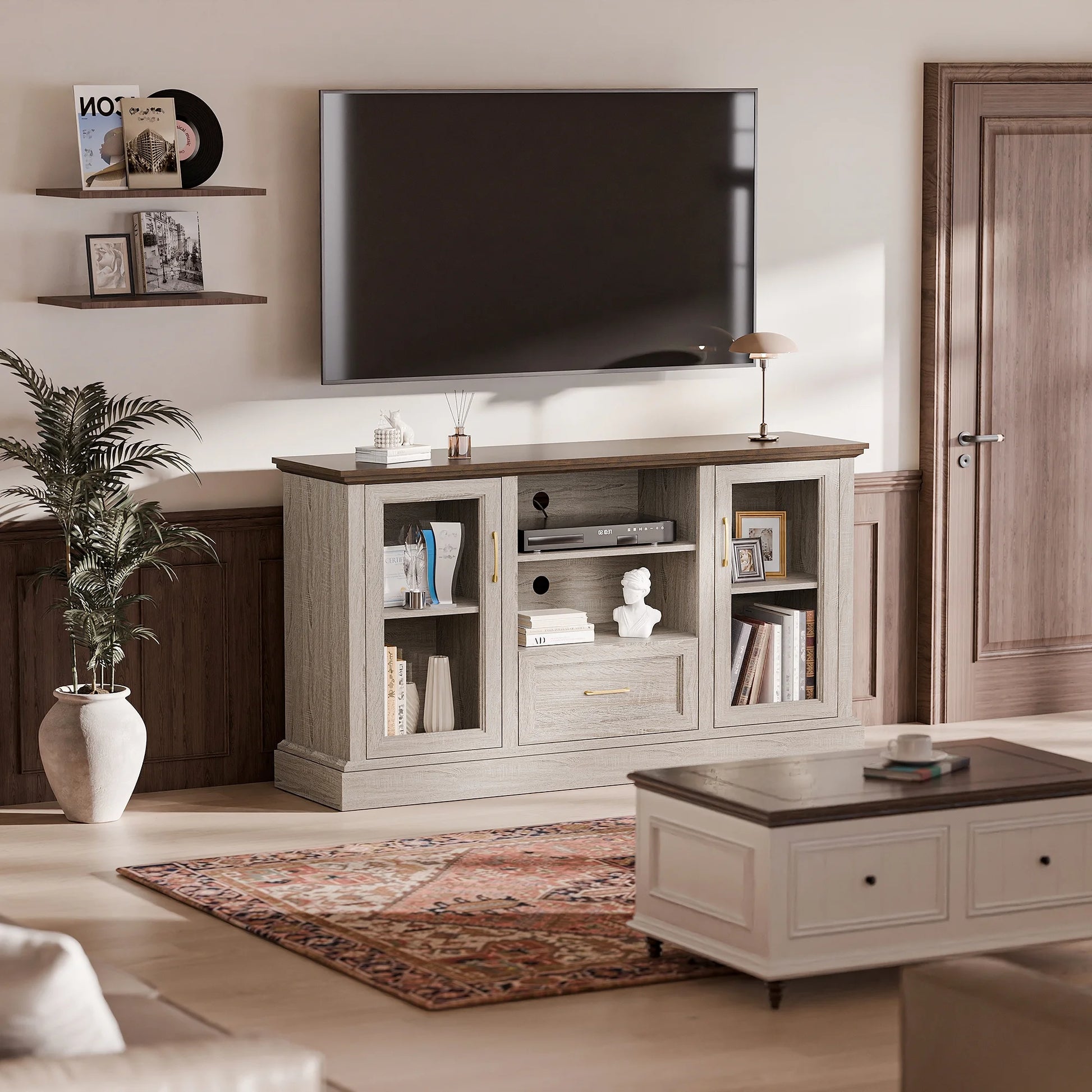 GETYES Farmhouse TV Stand for 70" TV, Wood Entertainment Center with Glass Doors and Adjustable Shelves