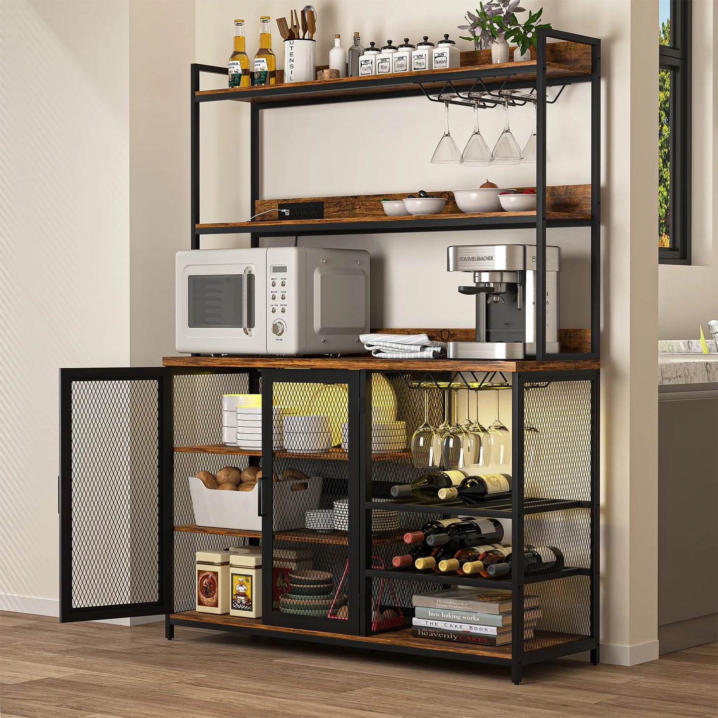 Kepooman Coffee Bar Cabinet with Power Outlet, Industrial Buffet Cabinet with LED Strip and Glass Holder, 3-Tiers Liquor Cabinet Bar for Home, Dining Room, Kitchen, Vintage Brown