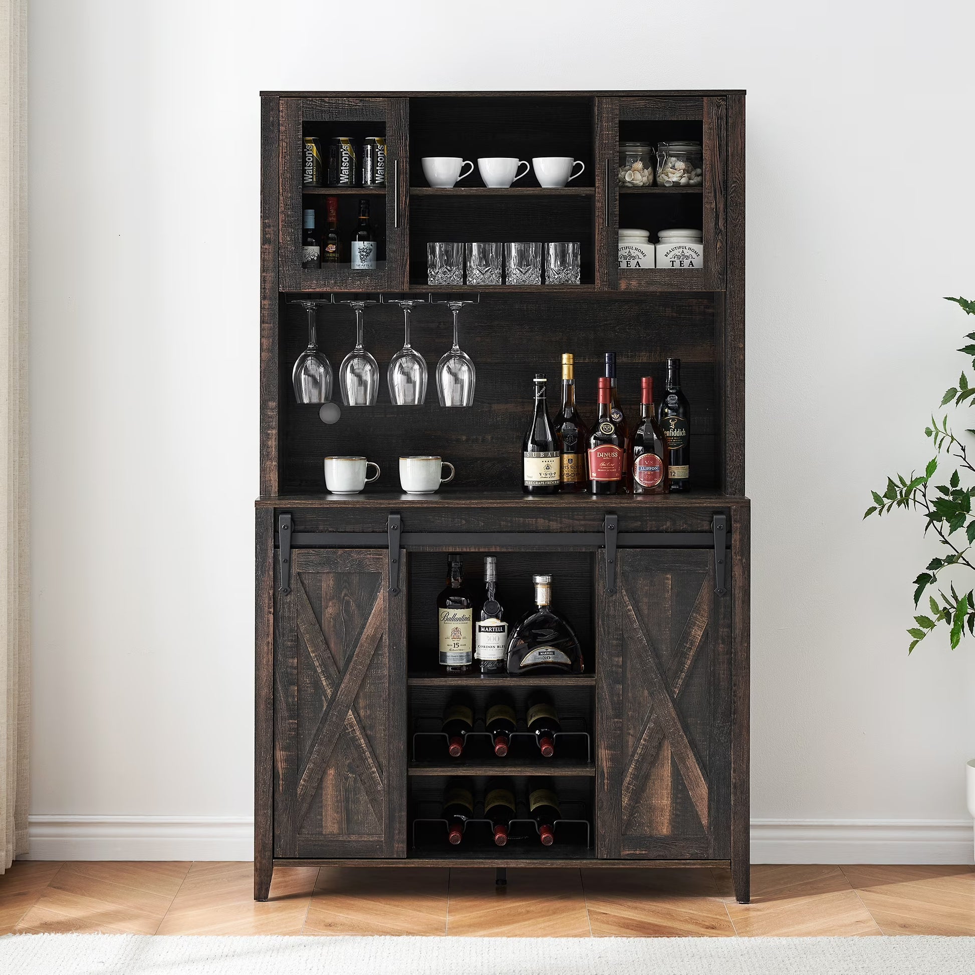 Farmhouse Bar Cabinet with Storage, Kitchen Buffet Cabinet with Sliding Barn Door and 3 Drawers, Coffee Bar with Wine and Glass Rack for Kitchen, Dining Room, White