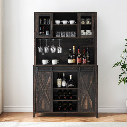 Farmhouse Bar Cabinet with Storage, Kitchen Buffet Cabinet with Sliding Barn Door and 3 Drawers, Coffee Bar with Wine and Glass Rack for Kitchen, Dining Room, White