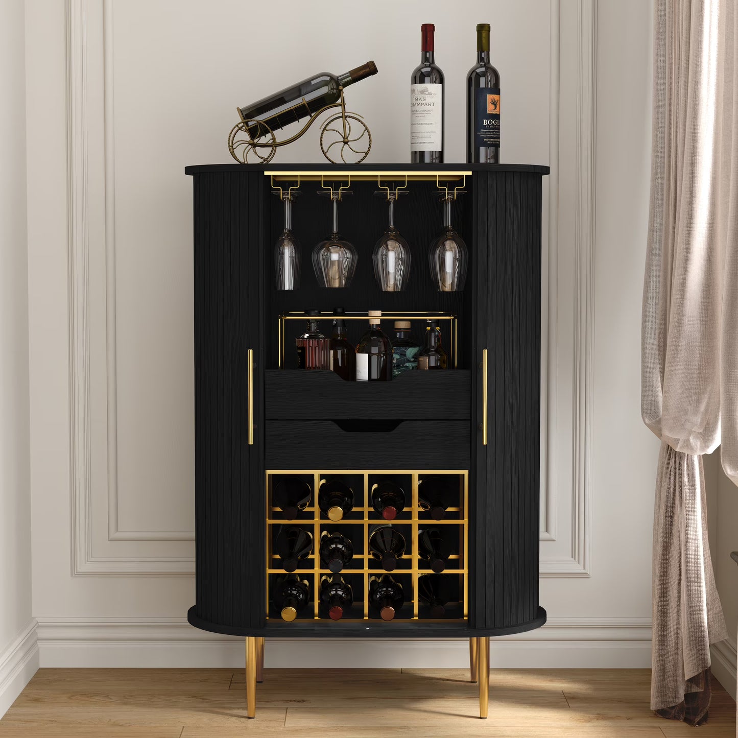 HLR Coffee Bar Cabinet with Tambour Door: Wine Rack, Glass Holder, & Storage Buffet for Home & Living Room Brown