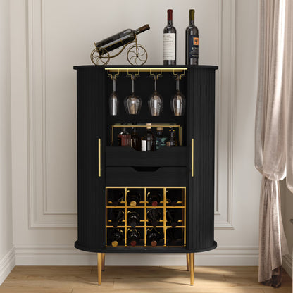 HLR Coffee Bar Cabinet with Tambour Door: Wine Rack, Glass Holder, & Storage Buffet for Home & Living Room Brown