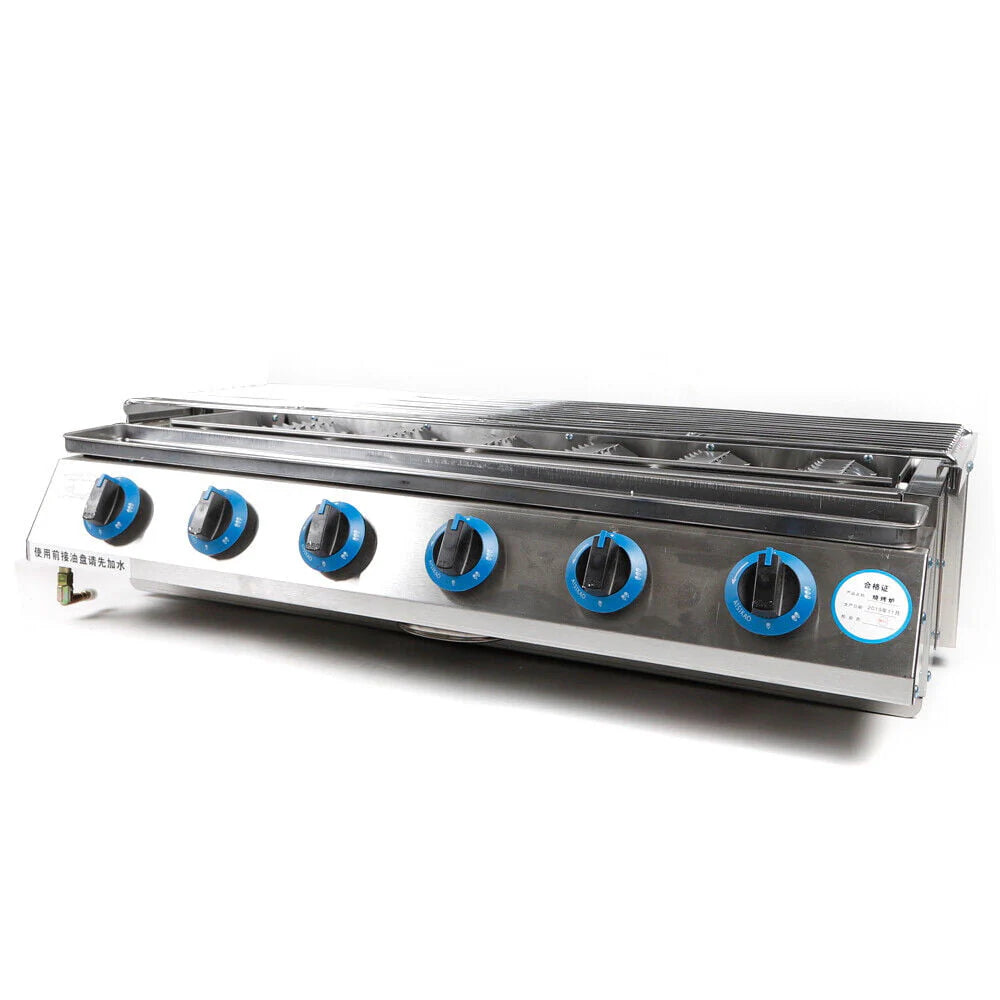 Commercial Gas LPG Grill 2800PA Outdoor BBQ Tabletop Cooker 6-Burner 6 Burners LPG Gas BBQ Grill Stainless Steel Smokeless Grill Glass Shield Outdoor