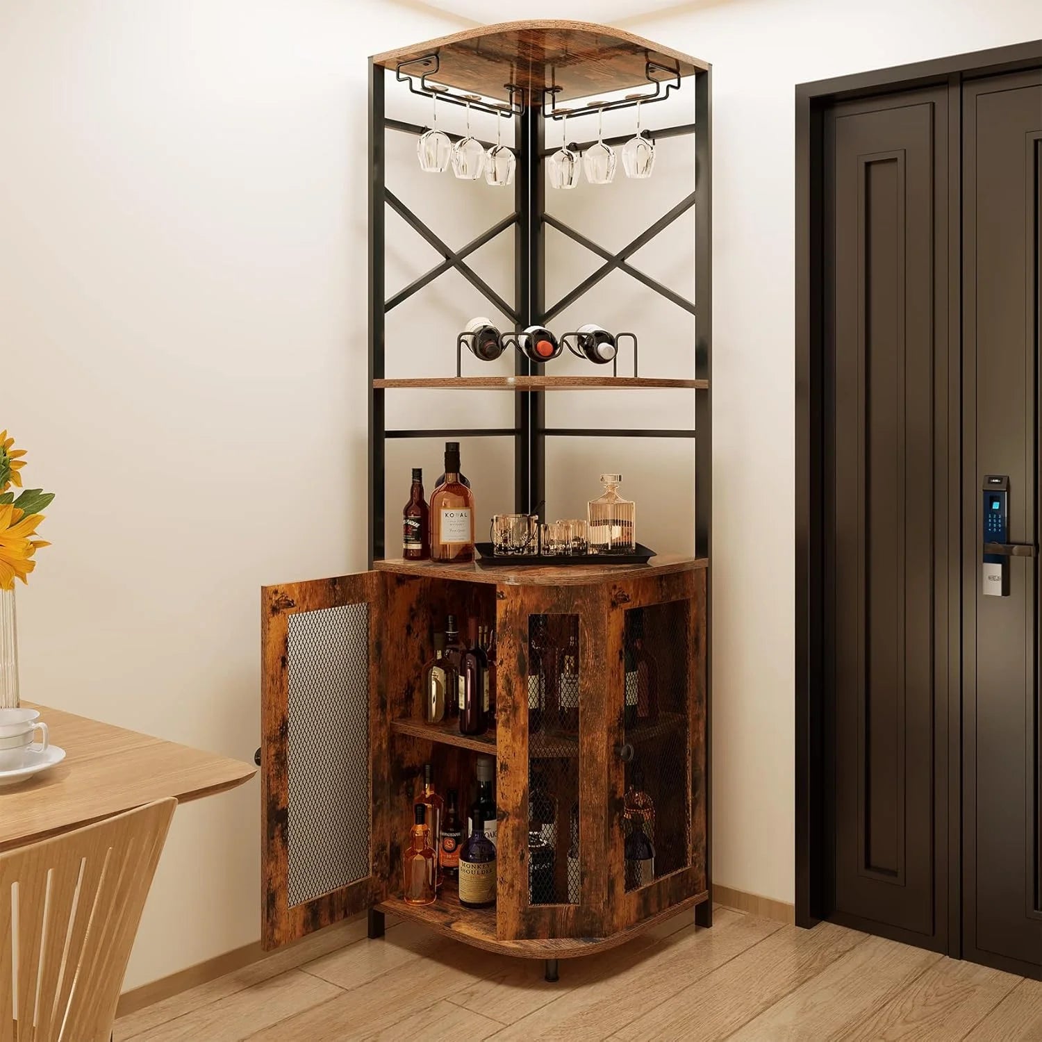 Frmobepts 6 Tier Corner Bar Cabinet with Glass Holder, Storage Cabinet with Door and Shelves , Corner Shelf with Wine Rack Display Shelves,Grey