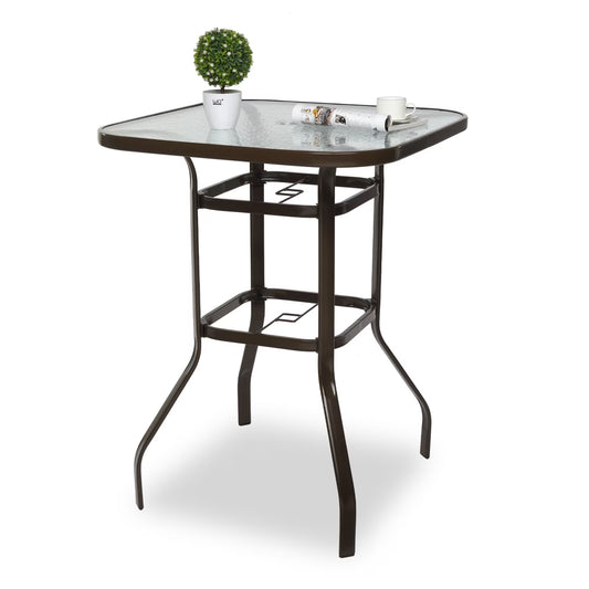 Ktaxon 31 Inch Patio Bar Table, Square Outdoor Bar Height Bistro Table with Tempered Glass Tabletop & Umbrella Hole, Outdoor Cocktail Table for Patio Yard Poolside, Brown