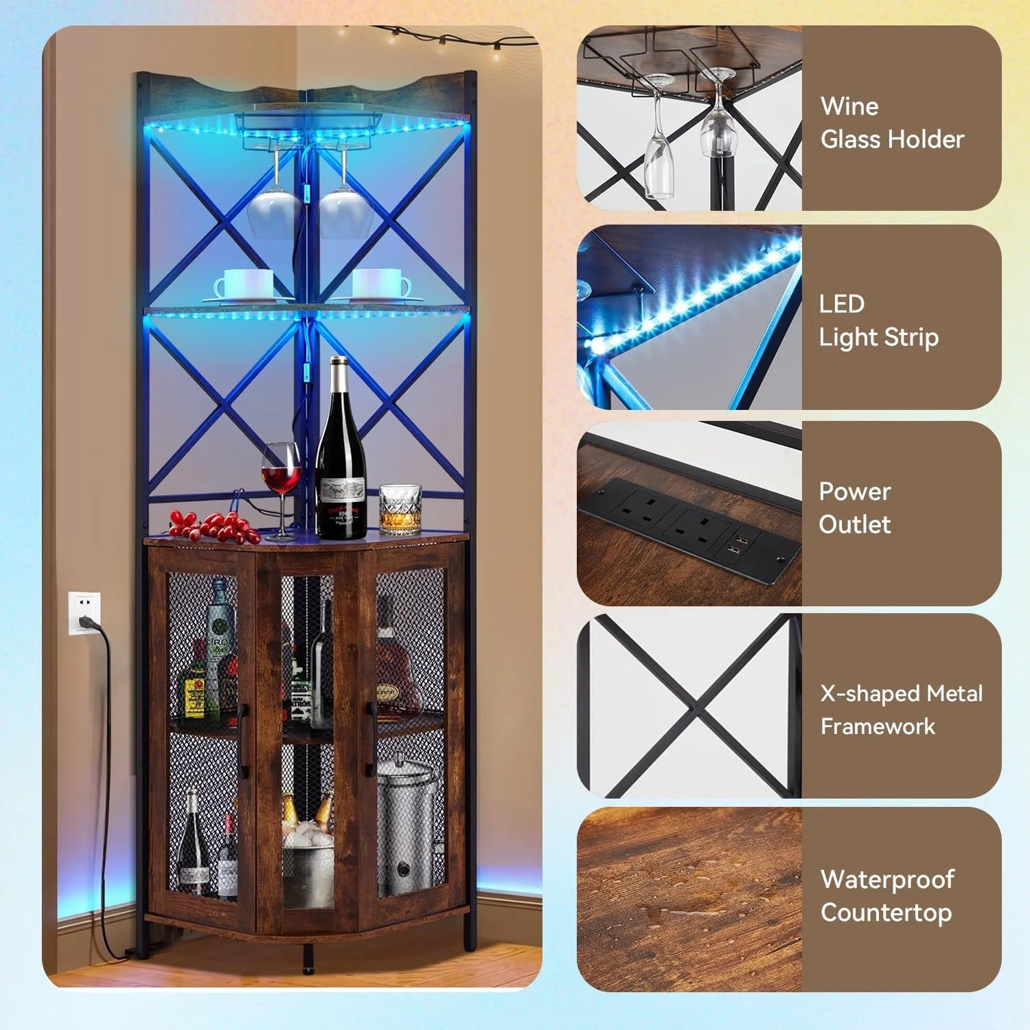 EROMMY Corner Bar Cabinet with Power Outlet, 5-Tiers Wine Bar Cabinet with LED Light and Glass Holder, Industrial Home Bar for Dining Room, Living Room, Kitchen, Modern Black