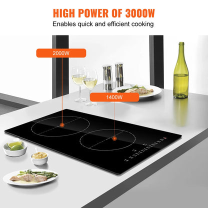 KFFKFF 2 Burner Electric Cooktop, 12 -Inch Built -In Electric Stove Top with 9 Heating Levels and Touch Control, Easy To Clean Ceramic Glass Surface