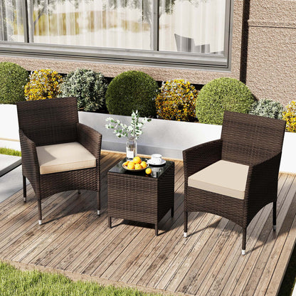 Costway 3 PCS Outdoor Conversation Set with Cushioned Seat & Tempered Glass Tabletop Beige