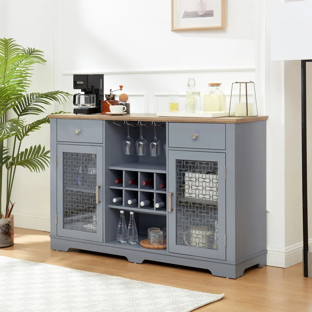 Tcbosik Farmhouse Buffet Cabinet, 56.4" Sideboard Cabinet w/2 Drawers and 2 Glass Doors, Coffee Bar Cabinet with Glass Cup Holder and 8-Slot Wine Rack for Dining Room Living Room, Light Blue