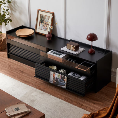 Modern TV Stand with Built-in USB/Type-C Charging & LED Lighting, 4 Tempered Glass Drawers Entertainment Center for 70-79" TVs, Living Room Media Storage Console