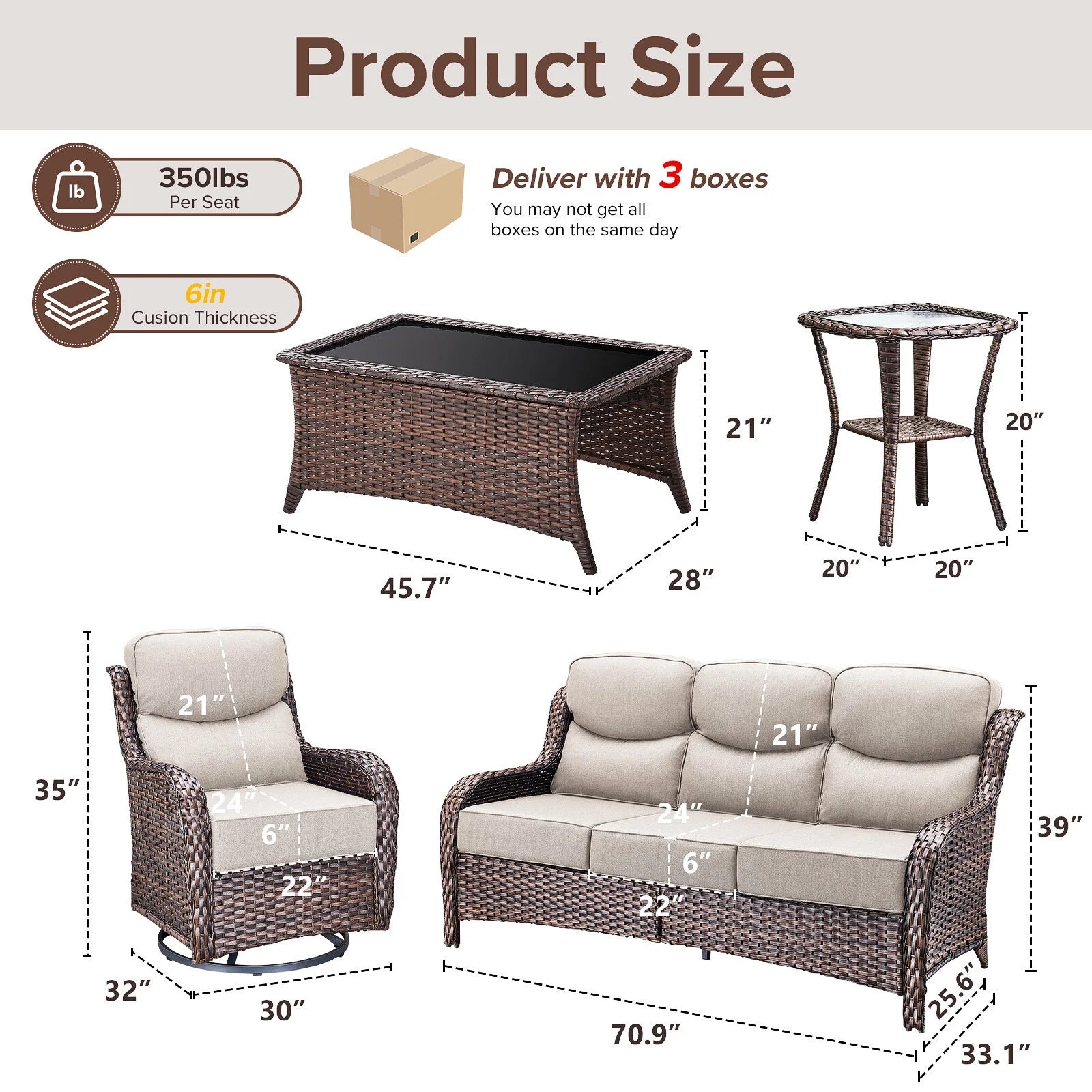 Bellefurn Luxury Outdoor Patio Furniture Set,Swivel Rocker Patio Chairs with 6-inch Thick Cushion,Patio Sofa and Glass Coffee Table,Outdoor Conversation Set for Porch, Deck, Yard