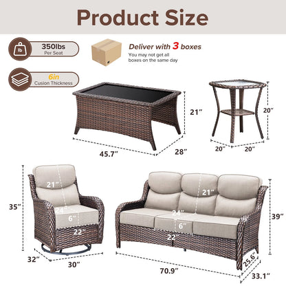 Bellefurn Luxury Outdoor Patio Furniture Set,Swivel Rocker Patio Chairs with 6-inch Thick Cushion,Patio Sofa and Glass Coffee Table,Outdoor Conversation Set for Porch, Deck, Yard