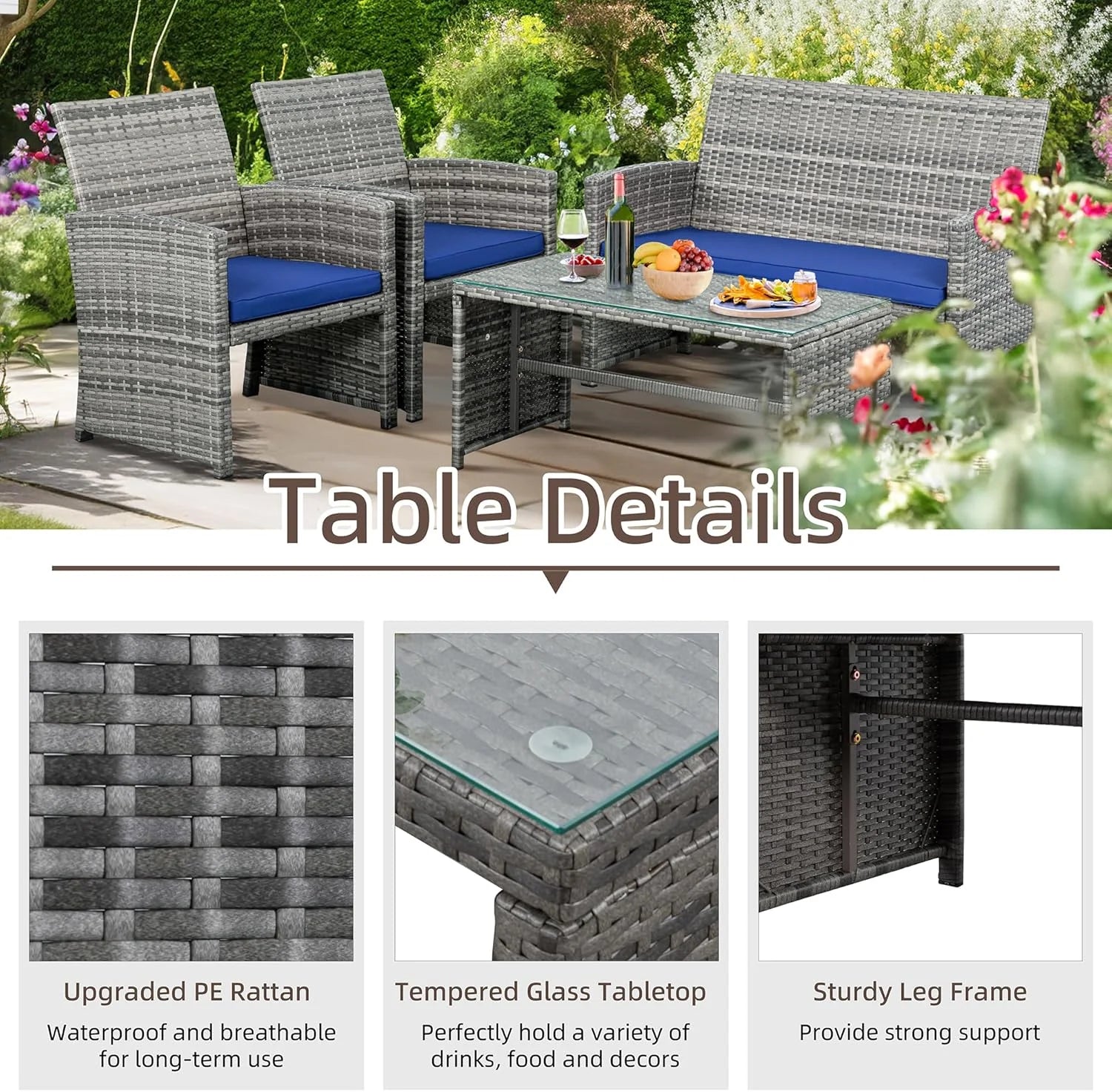 4-Piece Outdoor Gray Wicker Patio Conversation Furniture Set, Rattan Patio Furniture Set with Weather Resistant Cushions and Tempered Glass Tabletop,Red