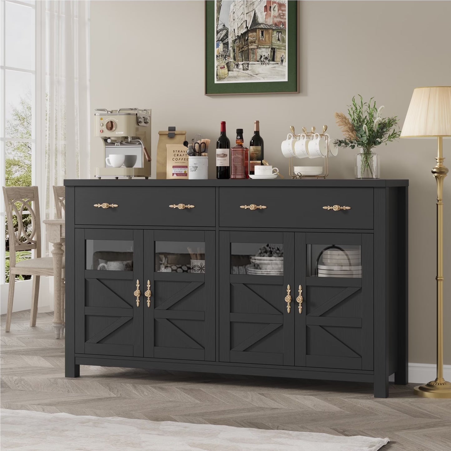 Homfa Farmhouse 55.1"WKitchen Buffet Cabinet with Storage Drawer & Adjustable Shelf, Glass Door Wood Sideboard Credenza Coffee Bar with for Dining Room Living Room, White & Black