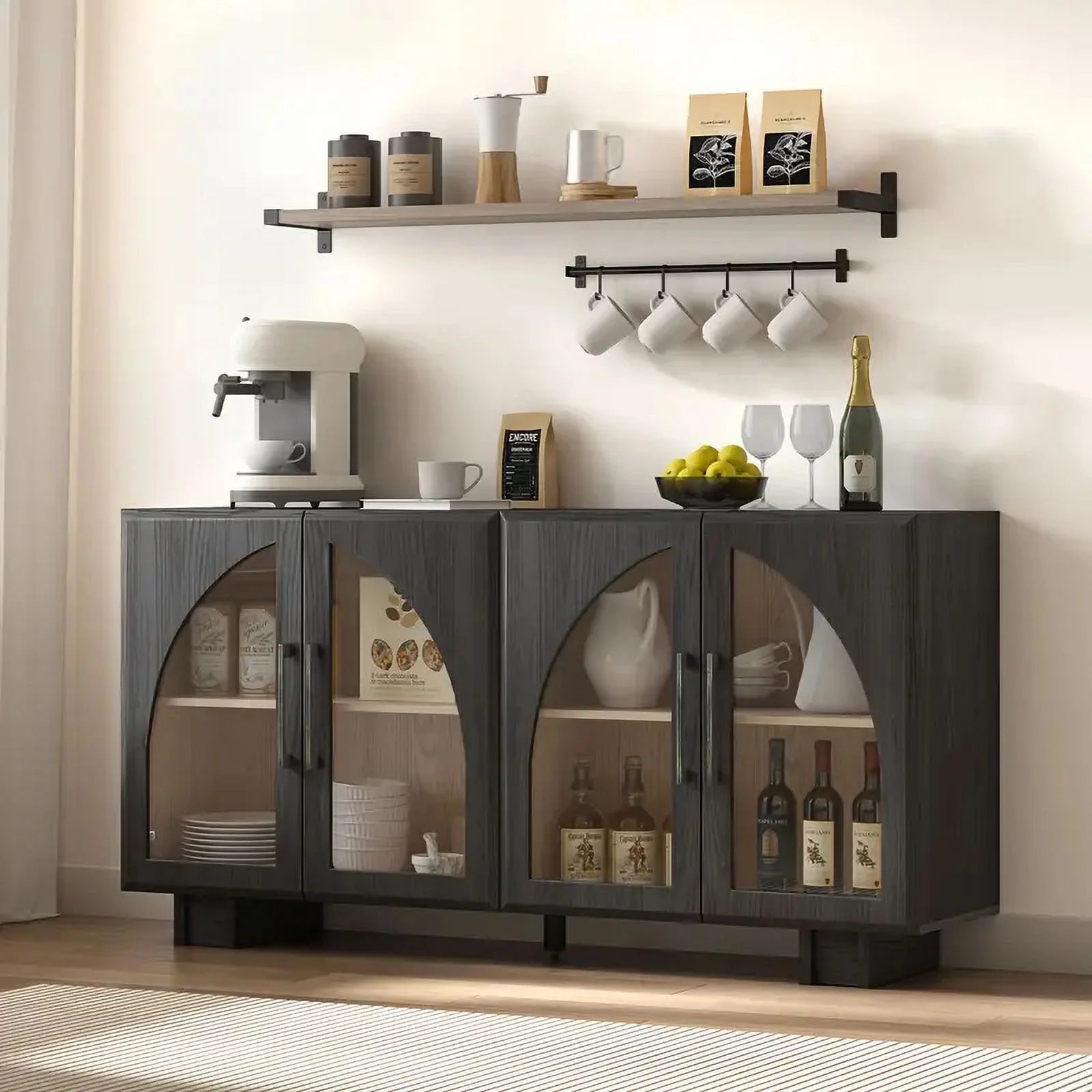 JOINICE Modern Accent Cabinet with Adjustable Shelves and Arched Glass Door,Buffet Cabinet with Storage,for Living Room,Dining Room,Entryway,Hallway,Black