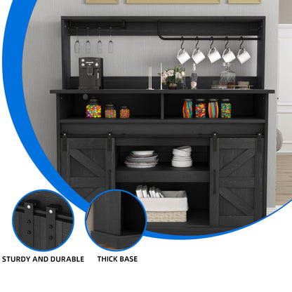 Uforic 47" Farmhouse Coffee Bar Cabinet, Buffet Sideboard with Power Outlets, Wine Glass Rack, Black Oak