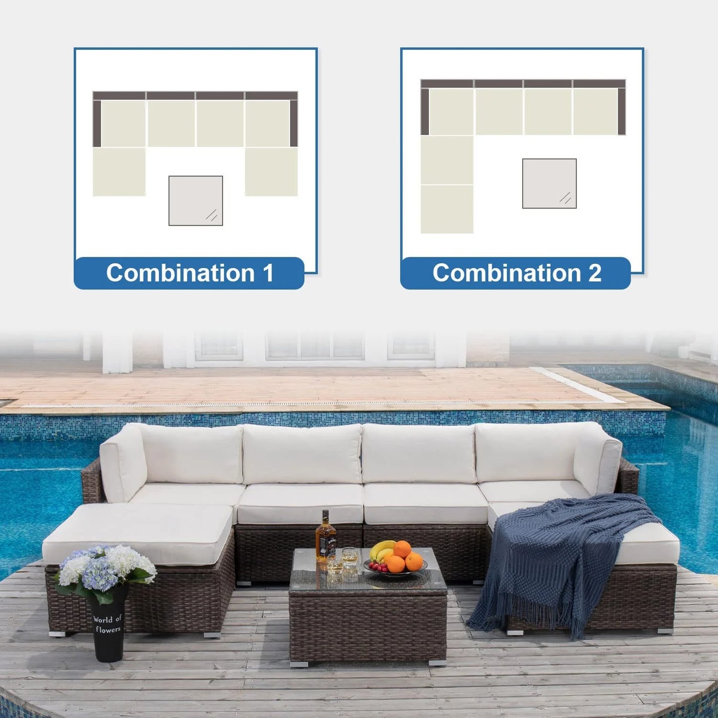 COSIEST 7-Piece Outdoor Patio Furniture Grey Wicker Sectional Sofa Set with Tempered Glass Coffee Table