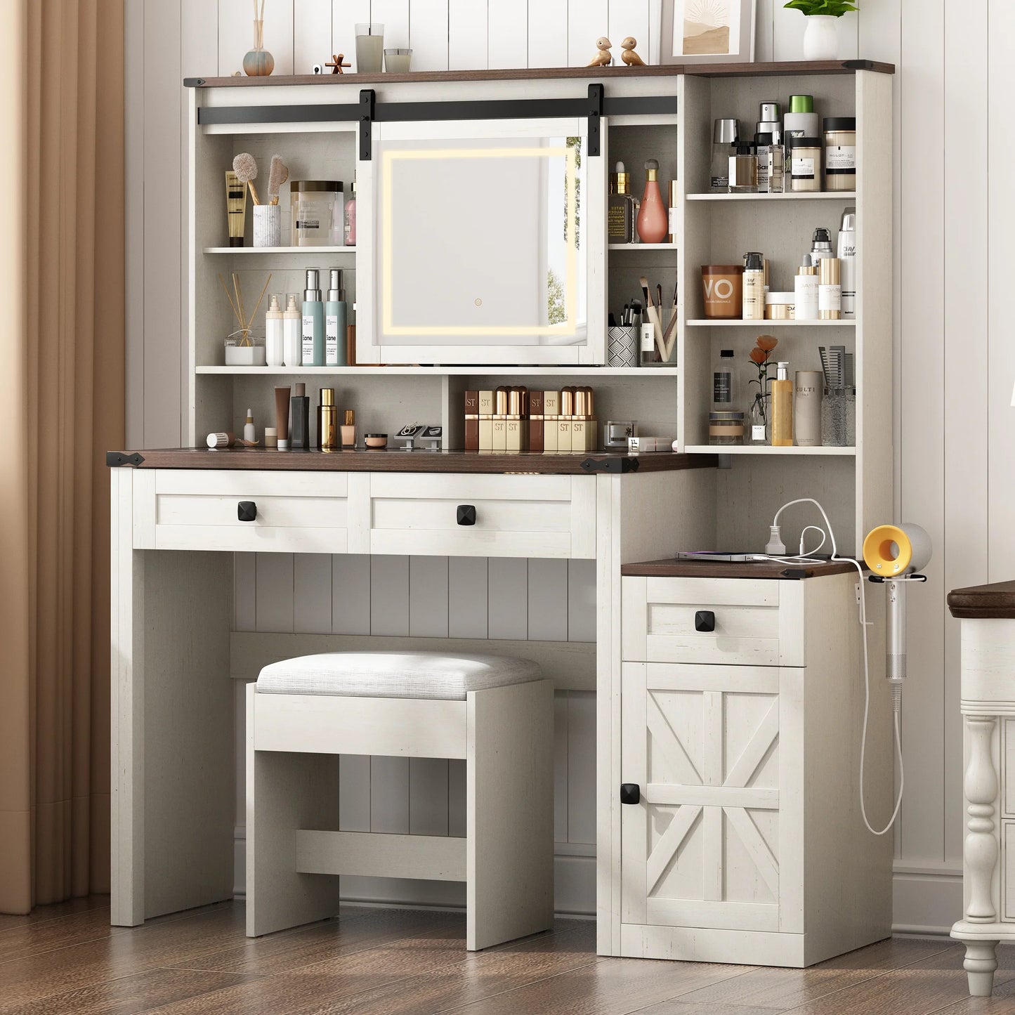 Blotout 47.2" Farmhouse Rustic Makeup Vanity Desk with Sliding Mirror and Lights, Glass Top Vanity Set with Charging Station & 3 Drawers & 1 Cabinet & Stool, Big Vanity (White)
