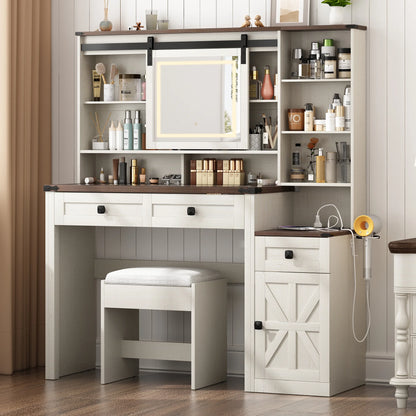 Blotout 47.2" Farmhouse Rustic Makeup Vanity Desk with Sliding Mirror and Lights, Glass Top Vanity Set with Charging Station & 3 Drawers & 1 Cabinet & Stool, Big Vanity (White)
